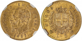 Italian States, Sardinia, Vittorio Emanuele II, 1861-1878. AV 5 Lire, 1863T BN, Turin mint, AGW : 0.0466oz (KM17; Fr. 16).

Strong portrait with lustr...