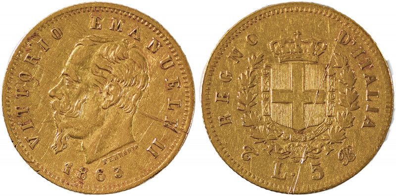 Italian States, Sardinia, Vittorio Emanuele II, 1861-1878. AV 5 Lire, 1863T BN, ...