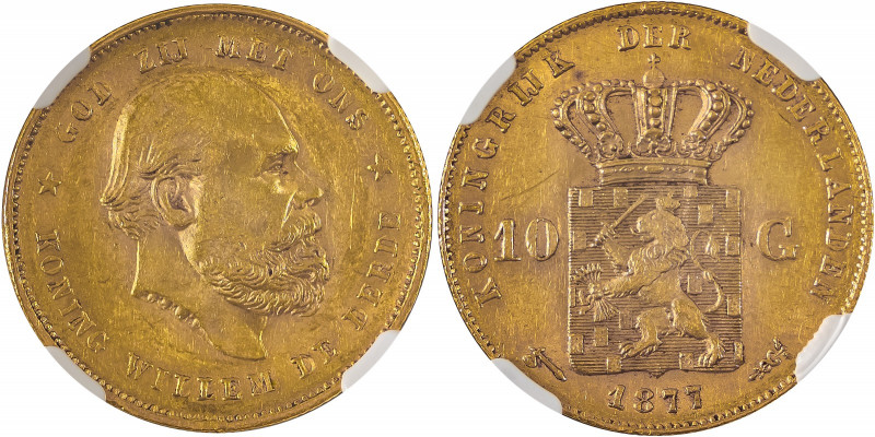 Netherlands, William III, 1849-1890. AV 10 Gulden, 1877, Utrecht mint, AGW: 0.19...