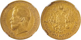 Russia, Nicholas II, 1894-1917. AV 7 1/2 Roubles, 1897AT, St. Petersburg mint, AGW: 0.1867oz (KM-Y63; Bit. 17; Fr. 178).

Nice golden tone for this ...