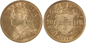 Switzerland, AV 20 Francs ,1935L-B, Bern mint, AGW : 0.1867oz (KM35.1; Fr. 499).

Lustrous coin with sharp details and eye appealing golden tone. Unci...