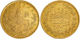 Turkey, Abdul Hamid II, 1876-1909. AV 100 Kurush, AH 1293//9 (1885), AGW : 0.2128oz (KM730; Fr. 138).

Old cabinet tone, uniform wear on both sides. V...