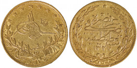 Turkey, Muhammad V, 1909-1918. AV 100 Kurush 1327//4 (1912), AGW : 0.2125oz (KM754; Fr. 52).

Attractive old gold toning with nice details. A minor sc...