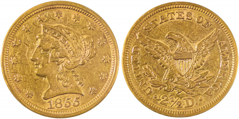 USA, Liberty Head, AV $2 1/2, 1855, Philadelphia mint, AGW: 0.1210oz (KM72; Fr. ...