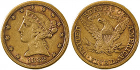 USA, Liberty Head. AV 5 Dollars, 1882, Philadelphia mint, AGW : 0.2420oz (KM101; Fr. 143).

Old cabinet toning and fine details remaining. Good very f...