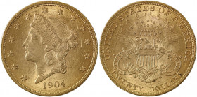 USA, Liberty Head. AV 20 Dollars, 1904, Philadelphia mint, AGW : 0.9677oz (KM74.3; Fr. 177). Strong details and rich golden tone. Some scratches on ob...