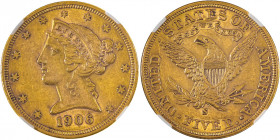 USA, Liberty Head. AV 5 Dollars, 1906S, San Francisco mint, AGW : 0.2420oz (KM101; Fr. 145).

An example with much remaining original luster, sharp de...