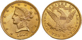 USA, Liberty Head. AV 10 Dollars, 1907, Philadelphia mint, AGW : 0.4839oz (KM102; Fr. 158).

Rich golden tone with nice details, possibly ex mount. Ve...