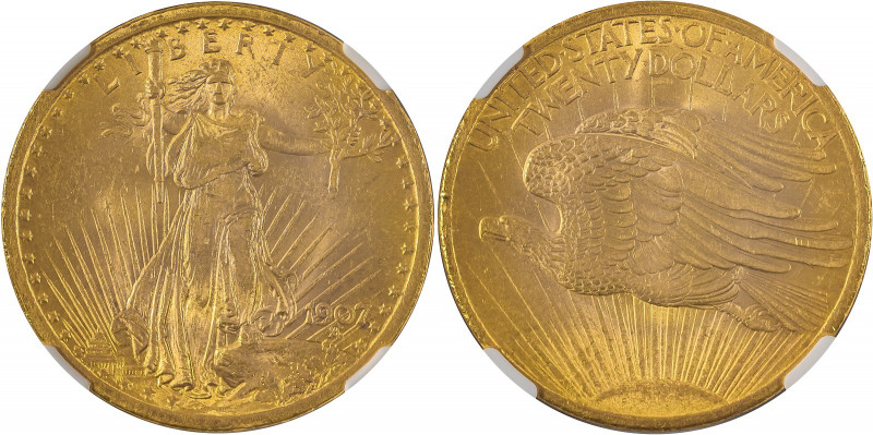 USA, Saint Gaudens. AV 20 Dollars, 1907, Philadelphia mint, Arabic numerals, no ...