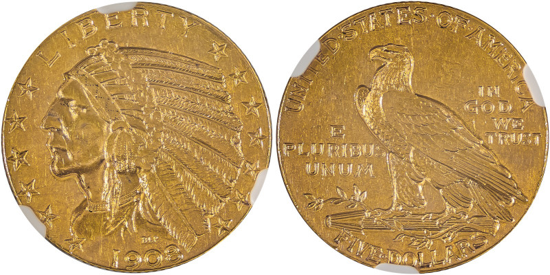 USA, Indian Head. AV 5 Dollars, 1908, Philadelphia mint, AGW : 0.2420oz (KM129; ...