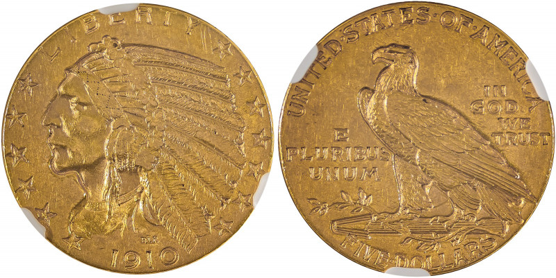 USA, Indian Head. AV 5 Dollars, 1910, Philadelphia mint, AGW : 0.2420oz (KM129; ...