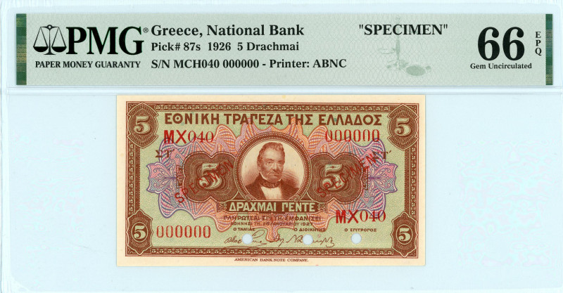 National Bank Of Greece ( ΕΘΝΙΚΗ ΤΡΑΠΕΖΑ ΕΛΛΑΔΟΣ ) 
SPECIMEN 5 Drachmai, 26 Janu...