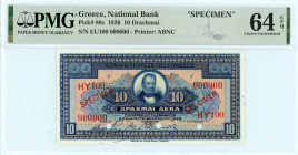 National Bank Of Greece ( ΕΘΝΙΚΗ ΤΡΑΠΕΖΑ ΕΛΛΑΔΟΣ ) 
SPECIMEN 10 Drachmai, 15 July 1926 
S/N HY100-000000
Red 'SPECIMEN' overprint with three punches
P...
