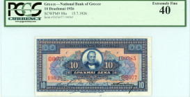 National Bank Of Greece ( ΕΘΝΙΚΗ ΤΡΑΠΕΖΑ ΕΛΛΑΔΟΣ ) 
10 Drachmai, 15 July 1926 
S/N ΘΘ077-190385 
Signature Papadakis
Printer American Bank Note Compan...