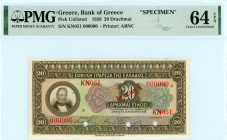 National Bank Of Greece ( ΕΘΝΙΚΗ ΤΡΑΠΕΖΑ ΕΛΛΑΔΟΣ ) 
SPECIMEN 20 Drachmai, 18 November 1926
S/N KN051-000000
Red 'SPECIMEN' overprint with three punche...