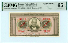 National Bank Of Greece ( ΕΘΝΙΚΗ ΤΡΑΠΕΖΑ ΕΛΛΑΔΟΣ ) 
SPECIMEN 50 Drachmai, 24 May 1927 
S/N NX010-000000
Red 'SPECIMEN' overprint with three punches
Pr...