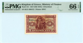 Kingdom of Greece ( ΒΑΣΙΛΕΙΟΝ ΤΗΣ ΕΛΛΑΔΟΣ) 
2 Drachmai, 27 October 1917
Printed according to Law 991
S/N B/21-096443
Printer Bradbury Wilkinson & Co. ...