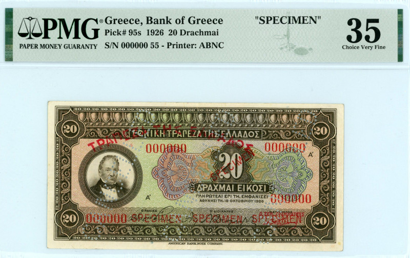 Bank of Greece (ΤΡΑΠΕΖΑ ΤΗΣ ΕΛΛΑΔΟΣ) 
SPECIMEN 20 Drachmai, 19 October 1926
S/N ...