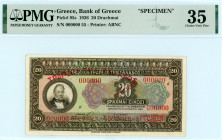 Bank of Greece (ΤΡΑΠΕΖΑ ΤΗΣ ΕΛΛΑΔΟΣ) 
SPECIMEN 20 Drachmai, 19 October 1926
S/N 000000
Red 'ΤΡΑΠΕΖΑ ΤΗΣ ΕΛΛΑΔΟΣ' and 'SPECIMEN' overprint, perforated ...