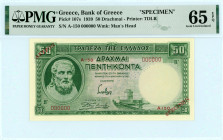 Bank of Greece(ΤΡΑΠΕΖΑ ΤΗΣ ΕΛΛΑΔΟΣ) 
SPECIMEN 50 Drachmai, 1 January 1939 
A-150 000000 ΑΚΥΡΟΝ 
Red 'SPECIMEN' and 'ΑΚΥΡΟΝ' overprints, diagonally per...