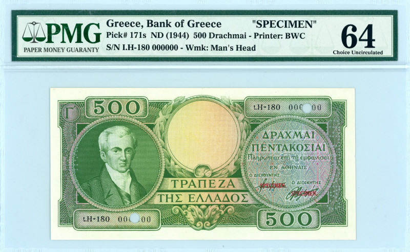 Bank of Greece(ΤΡΑΠΕΖΑ ΤΗΣ ΕΛΛΑΔΟΣ) 
SPECIMEN 500 Drachmai, No Date (1944) 
S/N ...
