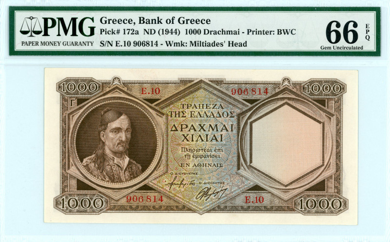 Bank of Greece(ΤΡΑΠΕΖΑ ΤΗΣ ΕΛΛΑΔΟΣ) 
1000 Drachmai, No Date (1944) 
S/N E.10-906...