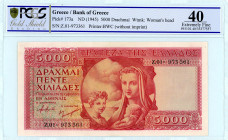 Bank of Greece(ΤΡΑΠΕΖΑ ΤΗΣ ΕΛΛΑΔΟΣ) 
5000 Drachmai, No Date (1945)
S/N Z01-973361 
Printer Bradbury Wilkinson & Co.
Pick 173a; Pitidis 155

Graded Ext...