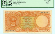 Bank of Greece(ΤΡΑΠΕΖΑ ΤΗΣ ΕΛΛΑΔΟΣ) 
10.000 Drachmai, No Date (1945)
S/N A.27-710555
Printer Bradbury Wilkinson & Co.
Pick 174a; Pitidis 156

Graded E...