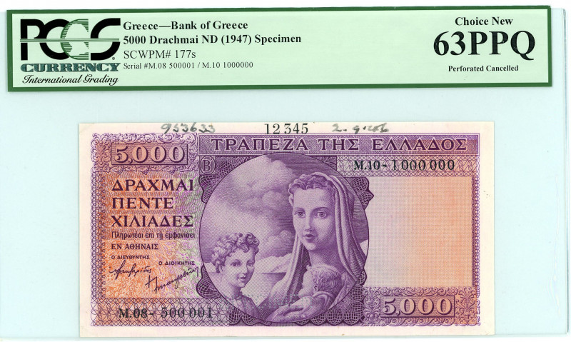 Bank of Greece(ΤΡΑΠΕΖΑ ΤΗΣ ΕΛΛΑΔΟΣ) 
SPECIMEN 5000 Drachmai, No Date (1947)
S/N ...