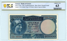 Bank of Greece(ΤΡΑΠΕΖΑ ΤΗΣ ΕΛΛΑΔΟΣ) 
20.000 Drachmai, 29 December 1949
S/N Z.05-394820
Printer Bank of Greece, Athens
Pick 183a; Pitidis 167

Graded C...