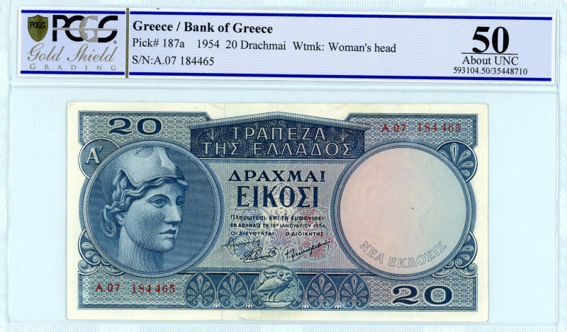 Bank of Greece(ΤΡΑΠΕΖΑ ΤΗΣ ΕΛΛΑΔΟΣ) 
20 Drachmai, 15 January 1954 
S/N Α.07-1844...
