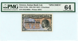 Ionian Bank ( IONIKH ΤΡΑΠΕΖΑ )
SPECIMEN 2 Drachmai, 21 December 1885 ( 1887 )
S/N Σ542-06,661
Signature Koskinas
Perforated 'CANCELLED'
Printer Bradbu...