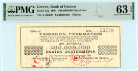 Local Issues
Cephalonia-Ithaka 100.000.000 Drachmai, 6 October 1944
S/N 23259
Two violet cachets
Pick 152; Pitidis 421

Graded Choice Uncirculated 63 ...