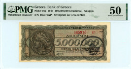 Local Issues 
Nafplion 100.000.000 Drachmai, 19 September 1944 
S/N 465970 ΞΠ
Nafplion Overprint, with two handwritten signatures of Sotiropoulos-Mpit...