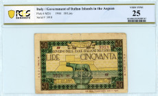 Local Issues 
Italian Occupation of the Aegean, 50 Lire, 21 April 1944 
S/N 3918 Block 3
Pick M24; Pitidis 354

An extremely rare banknote printed tow...