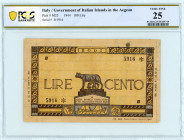 Local Issues 
Italian Occupation of the Aegean, 100 Lire, 21 April 1944 
S/N 5916 Block B
Pick M25; Pitidis 355

An extremely rare banknote printed to...