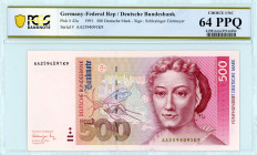 Germany, Federal Republic
500 Mark, 1991 
S/N AA2594091K9
Signature Schlesinger-Tietmeyer
Pick 43a

Graded Choice Uncirculated 64 PPQ PCGS BANKNOTE
