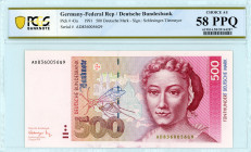 Germany Federal Republic
500 Mark, 1991
S/N AD8360056G9 
Signature Schlesinger-Tietmeyer
Pick 43a

Graded Choice About Uncirculated 58 PPQ PCGS BANKNO...