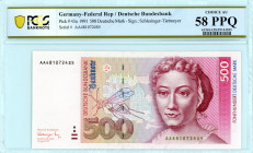 Germany, Federal Republic
500 Mark, 1991
S/N AA4810723S3
Signature Schlesinger-Tietmeyer
Pick 43a

Graded Choice About Uncirculated 58 PPQ PCGS BANKNO...