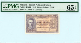 Malaya - Board of Commissioners of Currency 
British Administration 1 Cent, 1 July 1941
Printer Thomas De La Rue
Pick 6 KNB6

Graded Gem Uncirculated ...