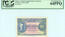 Malaya - Board of Commissioners of Currency 
British Administration 10 Cents, 1 July 1941
Printer Thomas De La Rue
Pick 8

Graded Very Choice New 64 P...