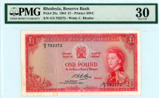 Rhodesia
Reserve Bank 1 Pound, 7 August 1964
S/N G/3-792272
Printer Bradbury Wilkinson & Co.
Pick 25a

Graded Very Fine 30 PMG