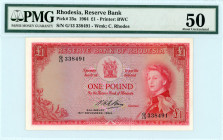 Rhodesia
Reserve Bank 1 Pound, 16 November 1964
S/N G/13-338491
Printer Bradbury Wilkinson & Co.
Pick 25a

Graded About Uncirculated 50 PMG