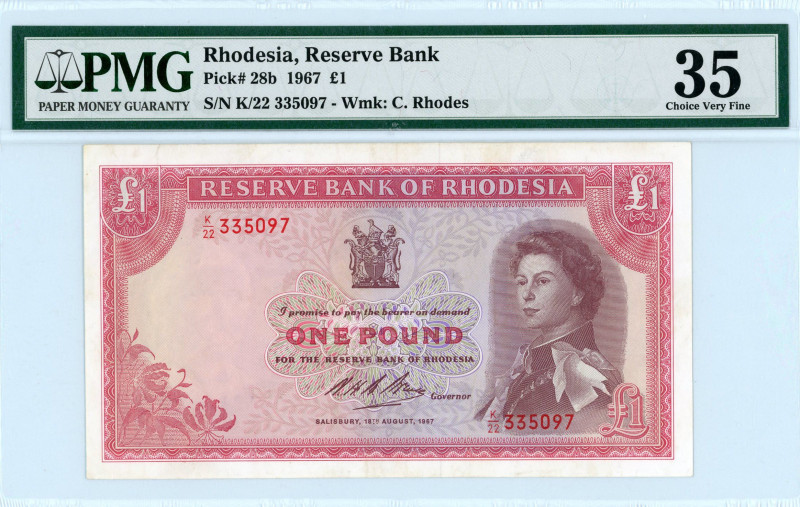 Rhodesia
Reserve Bank 1 Pound, 18 August 1967
S/N K/22-335097
Printer Bradbury W...