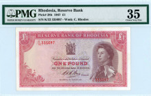 Rhodesia
Reserve Bank 1 Pound, 18 August 1967
S/N K/22-335097
Printer Bradbury Wilkinson & Company
Pick 28b

Graded Very Fine 35 PMG