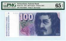 Switzerland
National Bank 100 Franken, 1975 
S/N 75S1138557
Signature Brenno Galli
Pick 57a

Graded Gem Uncirculated 65 EPQ PMG