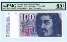 Switzerland
National Bank 100 Franken, 1975
S/N 75S1167575
Signature Brenno Galli
Pick 57a

Graded Gem Uncirculated 65 EPQ PMG