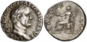 (70 d.C.). Vespasiano. Denario. (Spink 2285) (S. 94h) (RIC. 29). 3,50 g. MBC+.