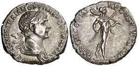 (117 d.C.). Trajano. Denario. (Spink falta) (S. 190) (RIC. 331). 3,52 g. EBC-.