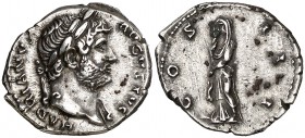 (128 d.C.). Adriano. Denario. (Spink 3478 var) (S. 392) (RIC. 176). 3,23 g. EBC-.